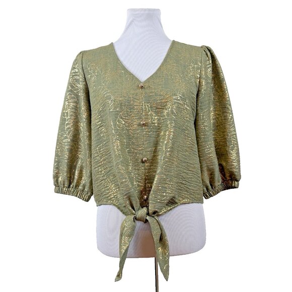 Olivia & Martin Top Women Medium Metalic Foliage Tie Front V Neck Blouse - Picture 2 of 7